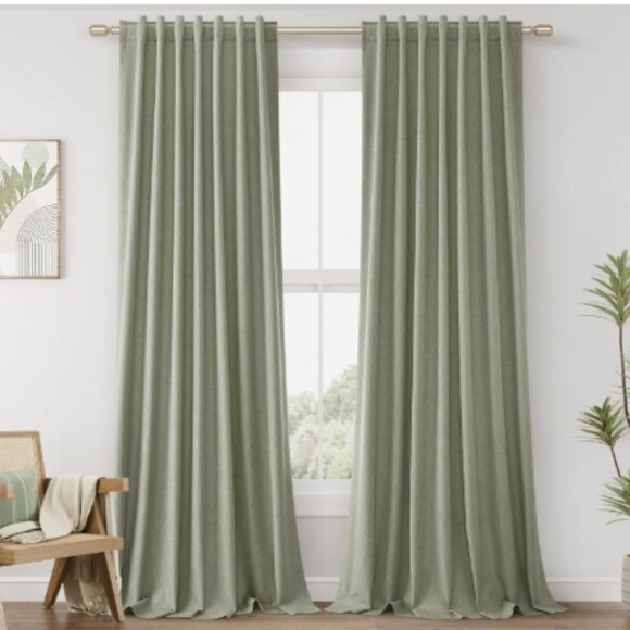 Linen Blackout Curtains Sage Green Curtain Panels 53 x 86 Drapes Rod Pocket Tabs - Picture 1 of 16
